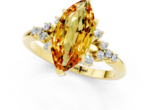 Yellow gold Marquise Cut Citrine Ring with Side Stones and Four-Prong Setting_37