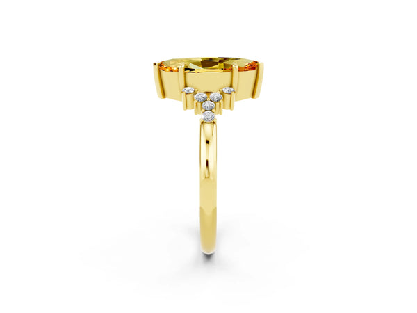 Yellow gold Marquise Cut Citrine Ring with Side Stones and Four-Prong Setting