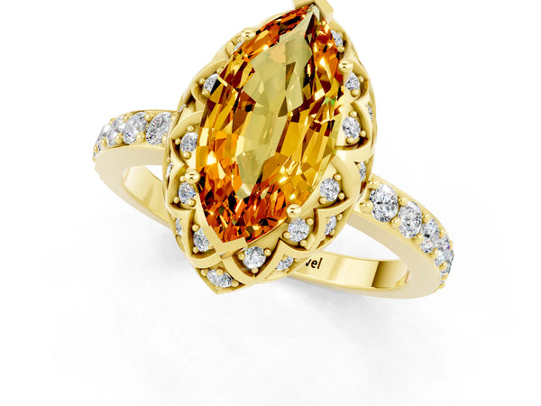 Yellow gold Marquise Cut Citrine Scalloped Halo Engagement Ring with Round Shared Prong Band