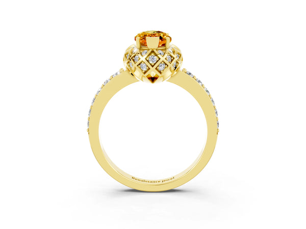Yellow gold Marquise Cut Citrine Scalloped Halo Engagement Ring with Round Shared Prong Band