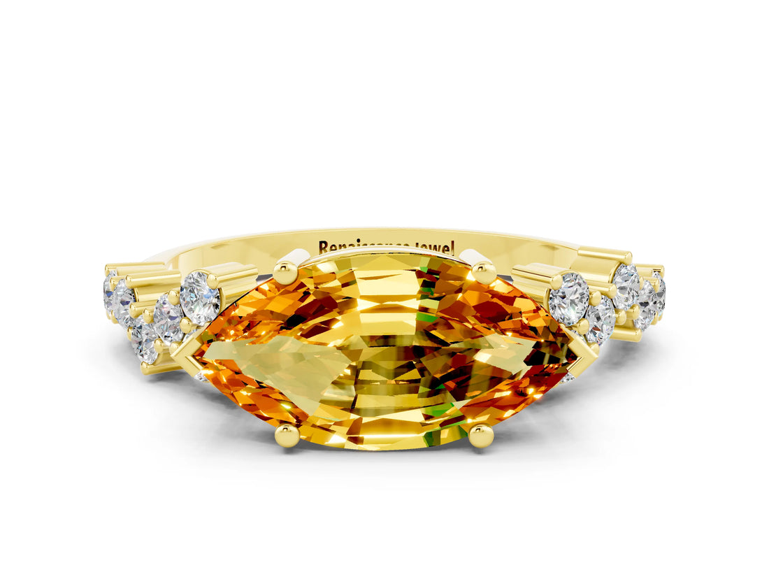Yellow gold Marquise Cut Citrine Scattered Round Accent Ring with Prong Setting_12