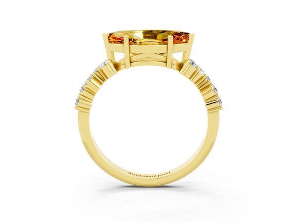 Yellow gold Marquise Cut Citrine Scattered Round Accent Ring with Prong Setting