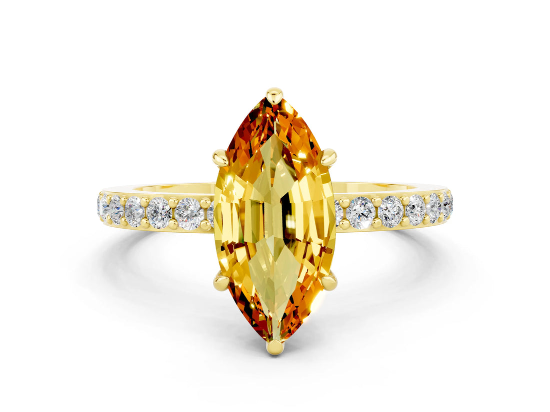 Yellow gold Marquise Cut Citrine Solitaire Engagement Ring with Pavé Band and Four-Prong Setting