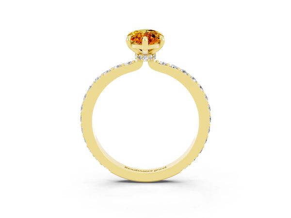 Yellow gold Marquise Cut Citrine Solitaire Engagement Ring with Pavé Band and Four-Prong Setting