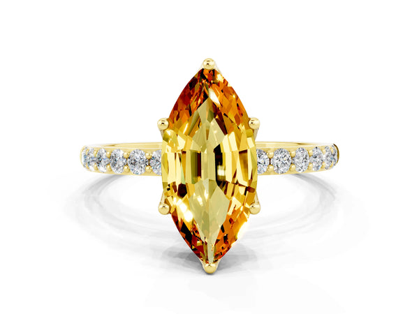 Yellow gold Marquise Cut Citrine Solitaire Engagement Ring with Round  Pavé Band and Prong Setting