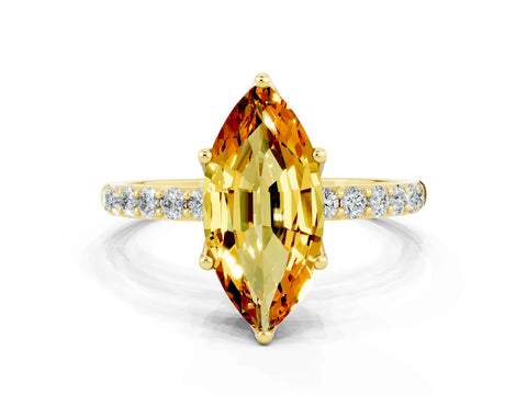 Yellow gold Marquise Cut Citrine Solitaire Engagement Ring with Pavé Band and Prong Setting