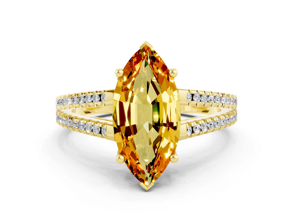 Yellow gold Marquise Cut Citrine Solitaire Engagement Ring with Split Shank Pavé Band