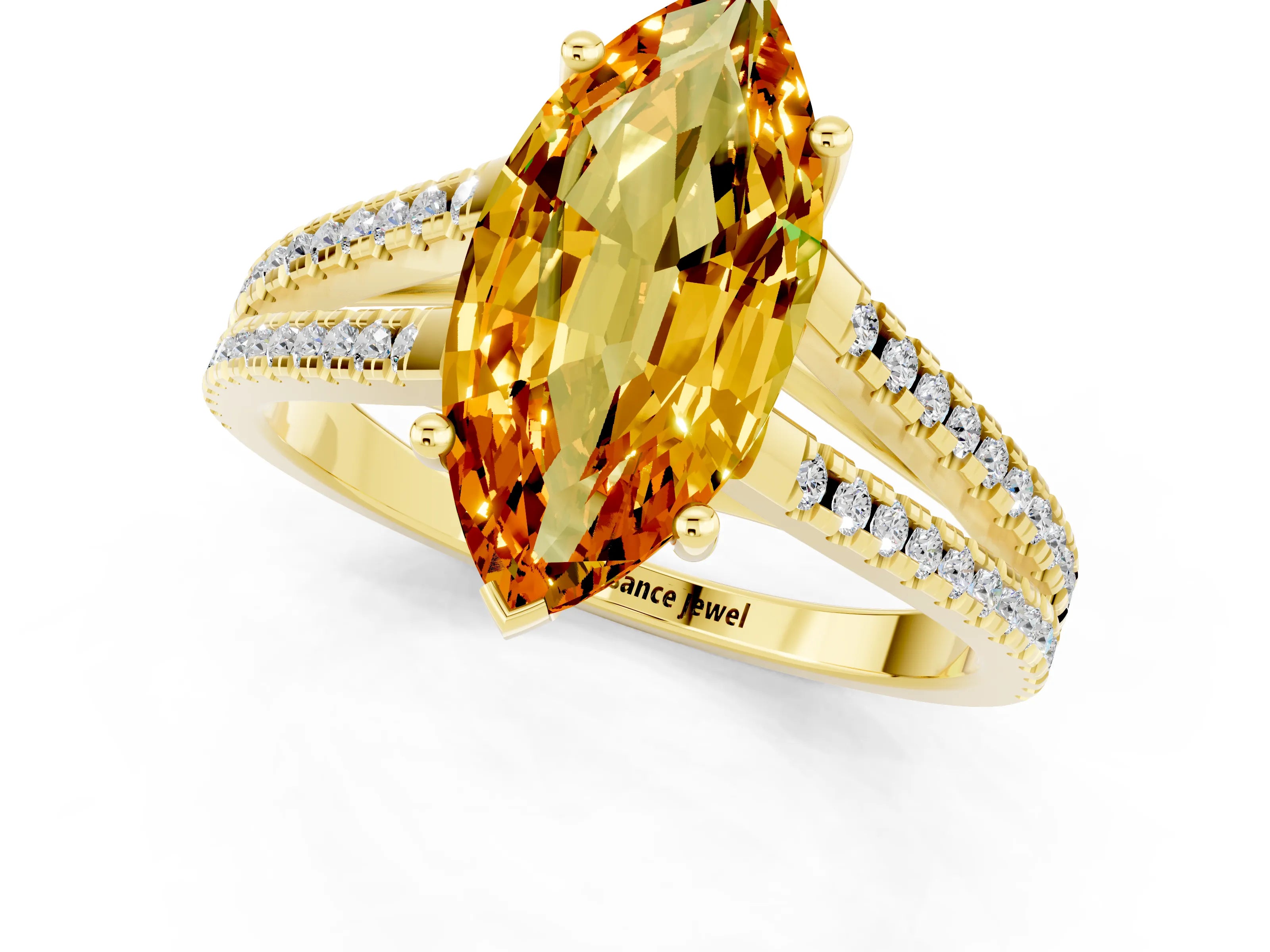 Yellow gold Marquise Cut Citrine Solitaire Engagement Ring with Split Shank Pavé Band_1