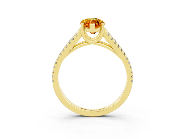 Yellow gold Marquise Cut Citrine Solitaire Engagement Ring with Split Shank Pavé Band