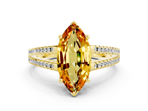Yellow gold Marquise Cut Citrine Solitaire Engagement Ring with Split Shank Pavé Band