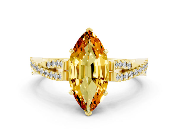 Yellow gold Marquise Cut Citrine Solitaire Engagement Ring with Twisted Pavé Band and Four-Prong Setting