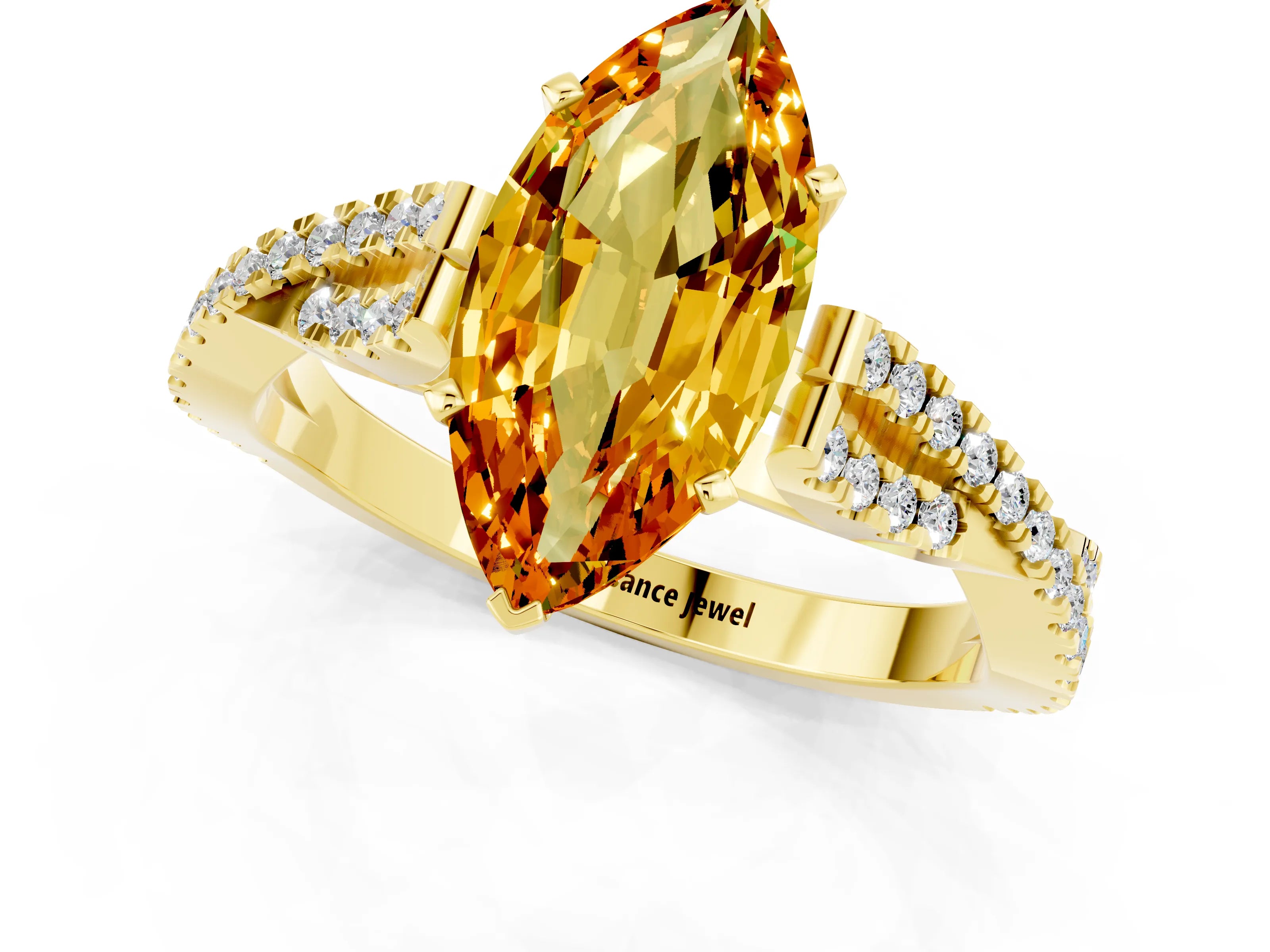 Yellow gold Marquise Cut Citrine Solitaire Engagement Ring with Twisted Pavé Band and Four-Prong Setting_1