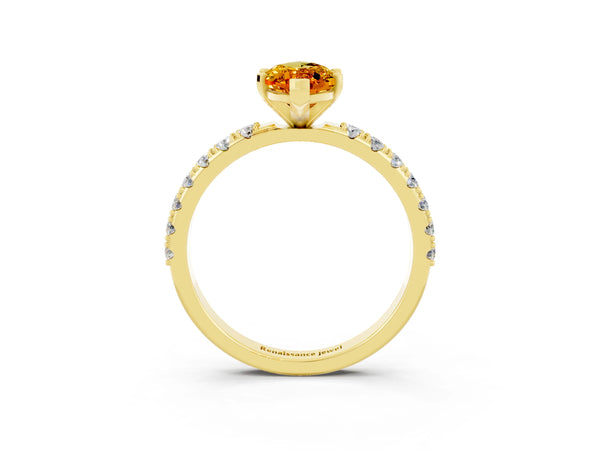 Yellow gold Marquise Cut Citrine Solitaire Pavé Band with Four-Prong Setting
