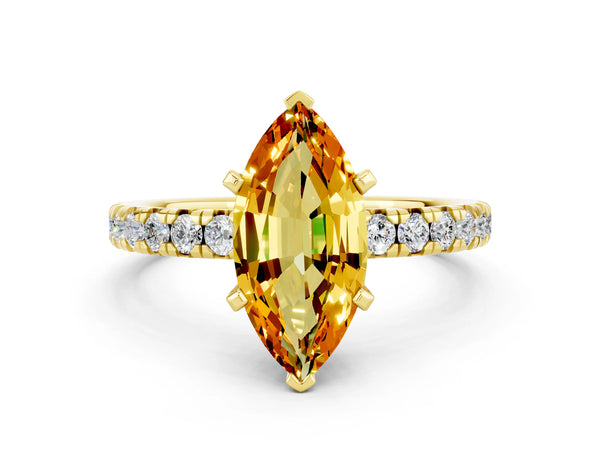Yellow gold Marquise Cut Citrine Solitaire Pavé Engagement Ring with Round Band and Prong Setting