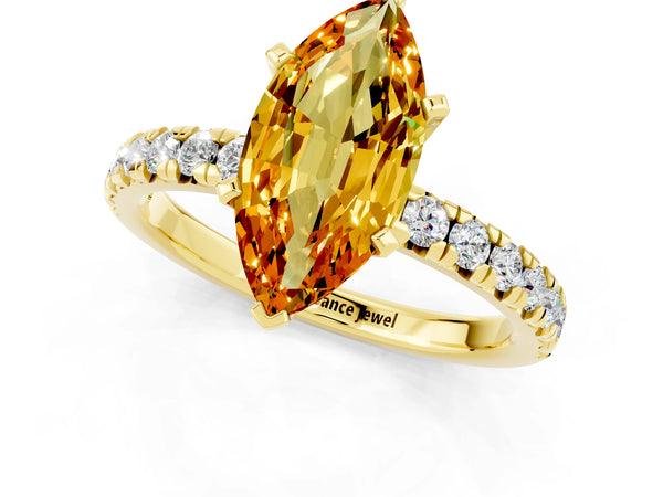 Yellow gold Marquise Cut Citrine Solitaire Pavé Engagement Ring with Round Band and Prong Setting