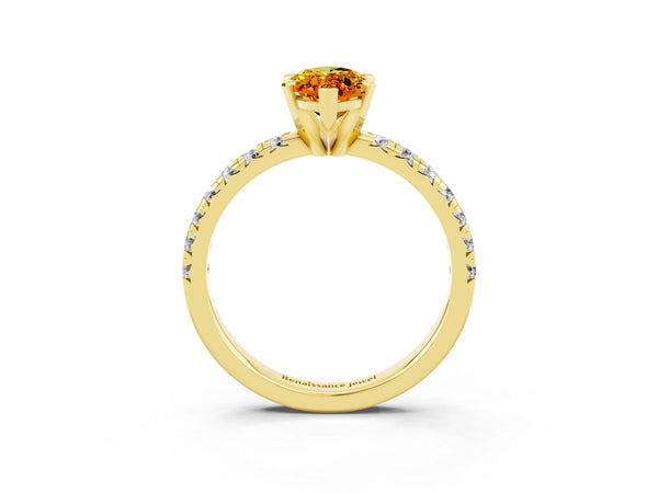 Yellow gold Marquise Cut Citrine Solitaire Pavé Engagement Ring with Round Band and Prong Setting