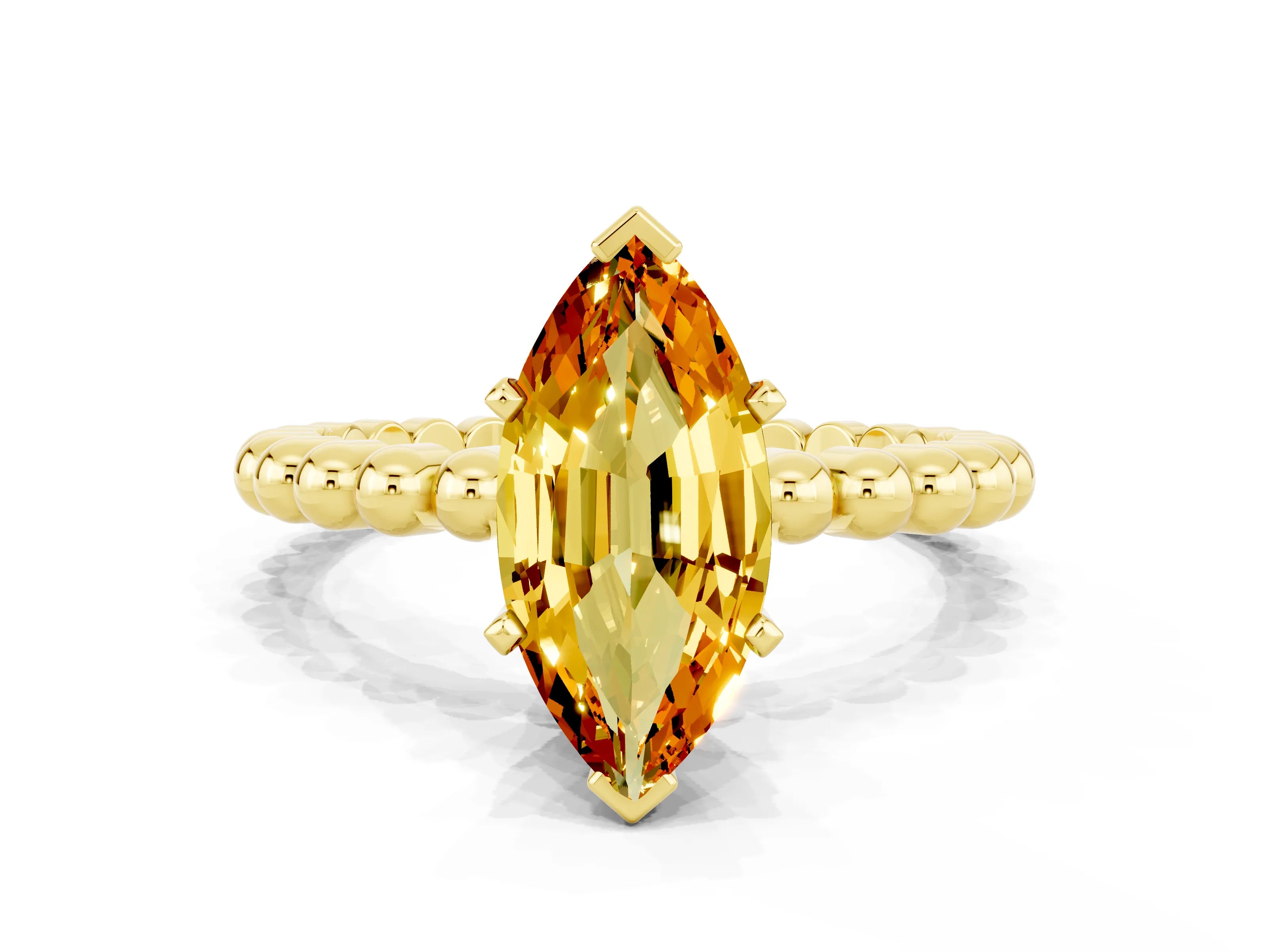 Yellow gold Marquise Cut Citrine Solitaire Ring with Beaded Band and Prong Setting