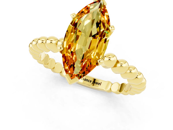 Yellow gold Marquise Cut Citrine Solitaire Ring with Beaded Band and Prong Setting