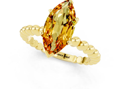Yellow gold Marquise Cut Citrine Solitaire Ring with Beaded Band and Prong Setting_1