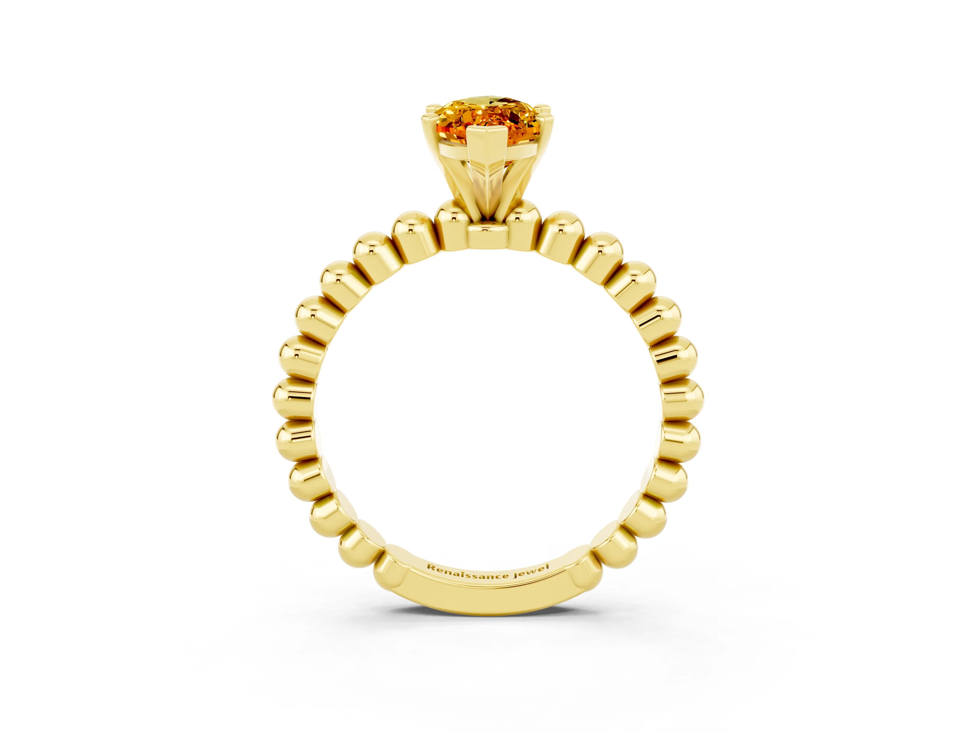 Yellow gold Marquise Cut Citrine Solitaire Ring with Beaded Band and Prong Setting_3