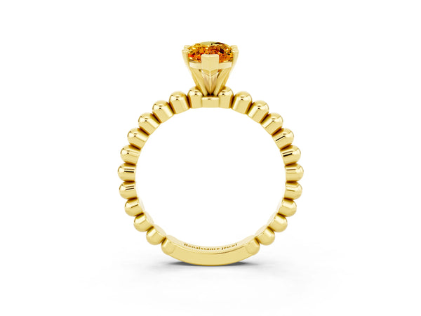 Yellow gold Marquise Cut Citrine Solitaire Ring with Beaded Band and Prong Setting