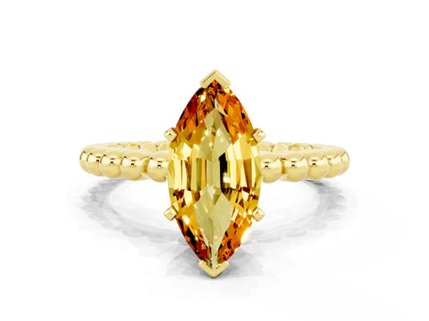 Yellow gold Marquise Cut Citrine Solitaire Ring with Beaded Band and Prong Setting
