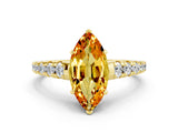 Yellow gold Marquise Cut Citrine Solitaire Ring with Cathedral Setting and Pavé Band