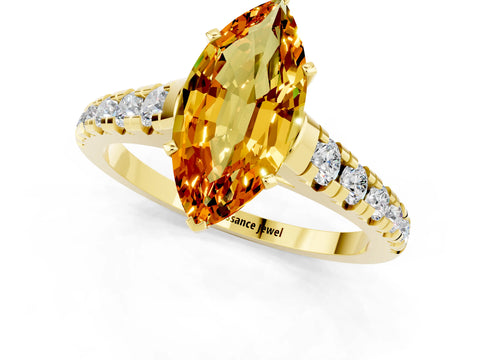 Yellow gold Marquise Cut Citrine Solitaire Ring with Cathedral Setting and Pavé Band_1