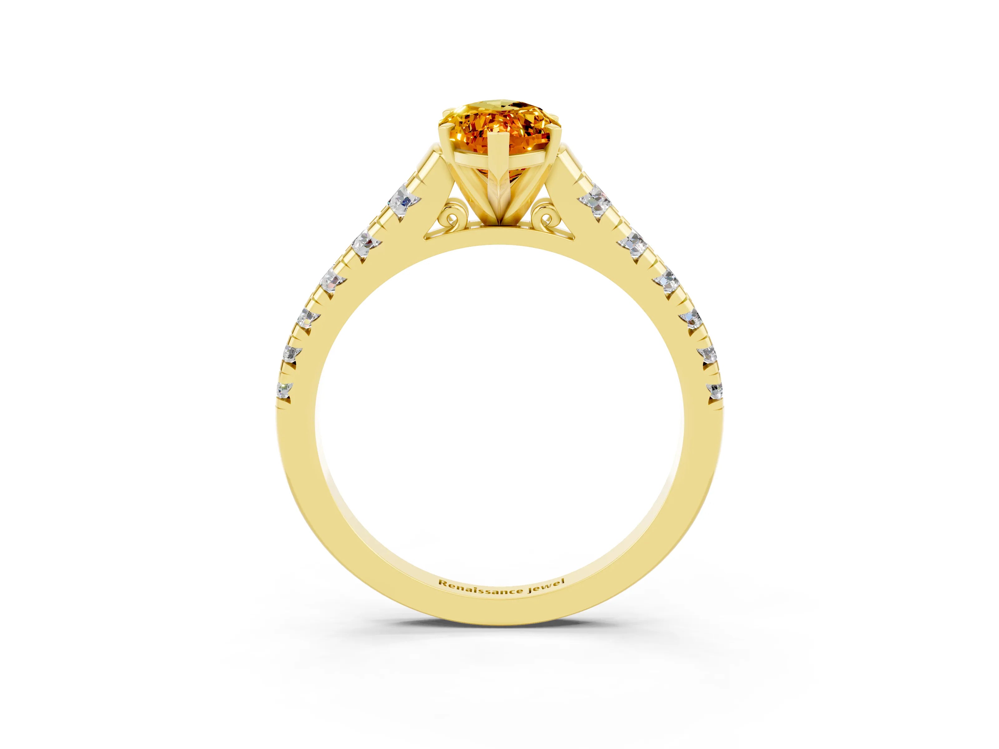 Yellow gold Marquise Cut Citrine Solitaire Ring with Cathedral Setting and Pavé Band_3