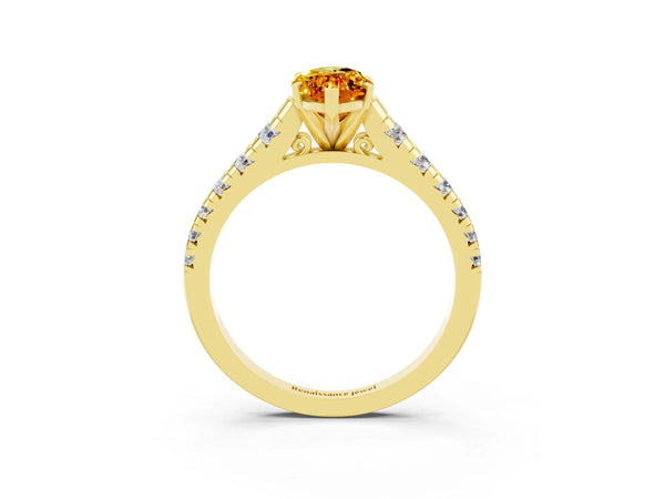 Yellow gold Marquise Cut Citrine Cathedral Solitaire Ring with Round  Pavé Band