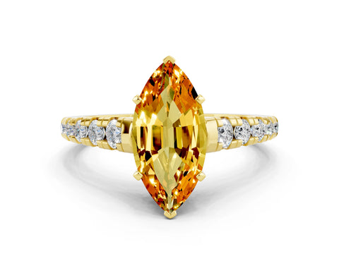 Yellow gold Marquise Cut Citrine Solitaire Ring with Cathedral Setting and Pavé Band