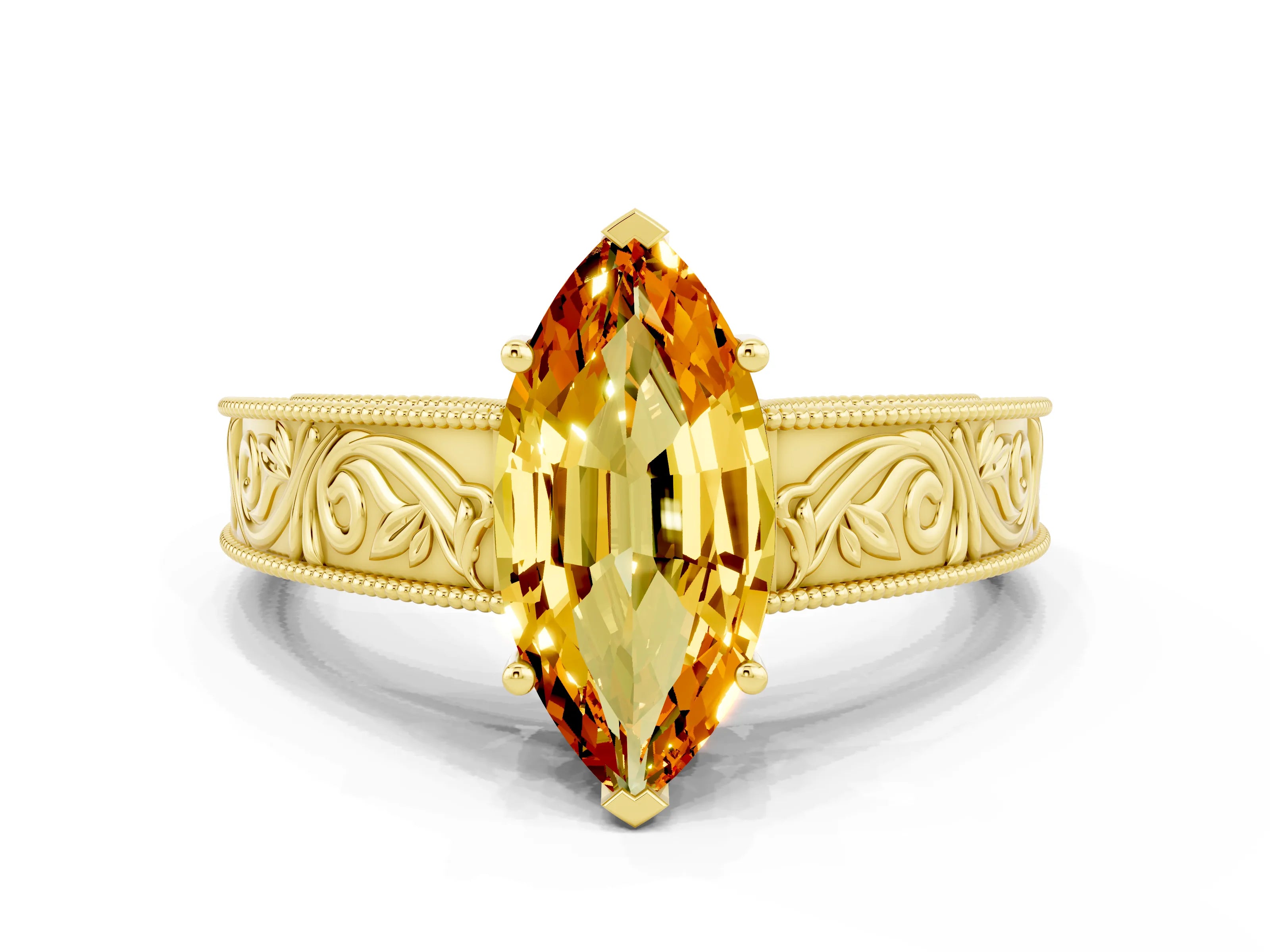 Yellow gold Marquise Cut Citrine Solitaire Ring with Engraved Band and Four-Prong Setting