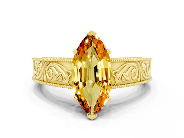 Yellow gold Marquise Cut Citrine Solitaire Ring with Engraved Band and Four-Prong Setting