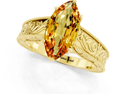 Yellow gold Marquise Cut Citrine Solitaire Ring with Engraved Band and Four-Prong Setting_1