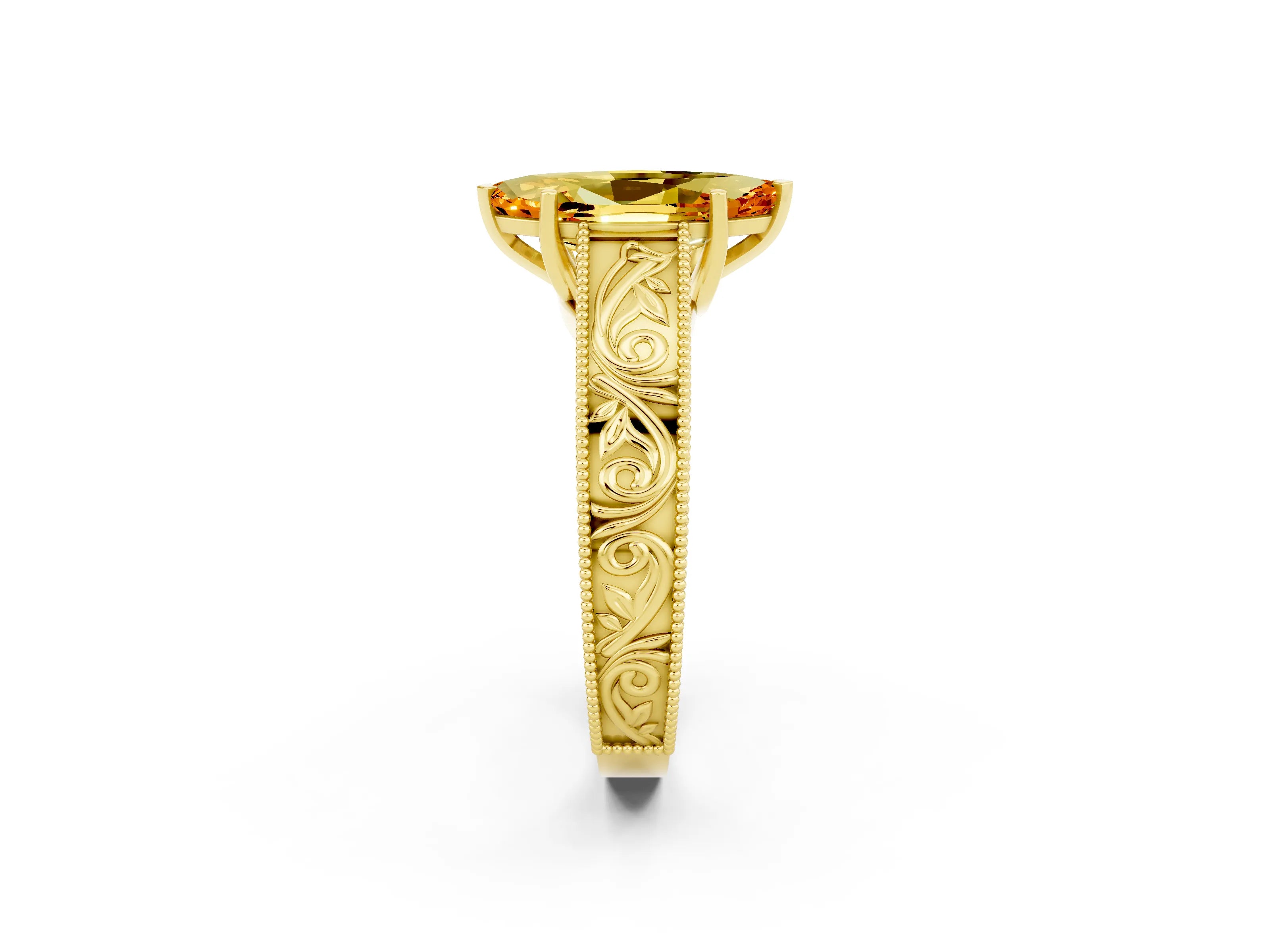 Yellow gold Marquise Cut Citrine Solitaire Ring with Engraved Band and Four-Prong Setting_2