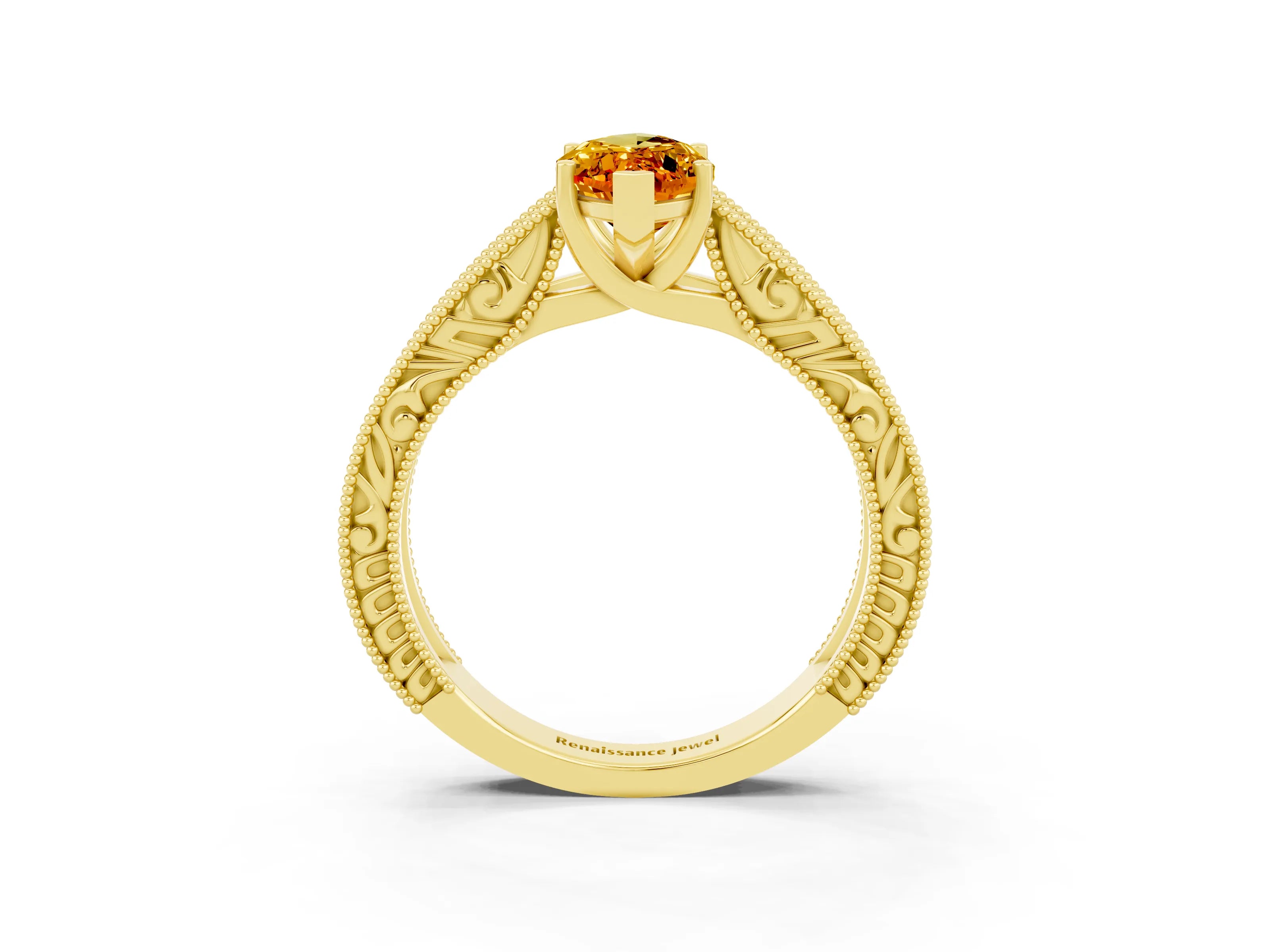 Yellow gold Marquise Cut Citrine Solitaire Ring with Engraved Band and Four-Prong Setting_3
