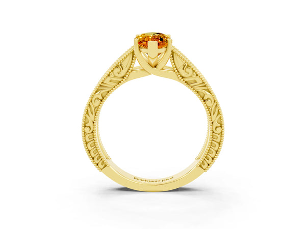 Yellow gold Marquise Cut Citrine Solitaire Ring with Engraved Band and Four-Prong Setting