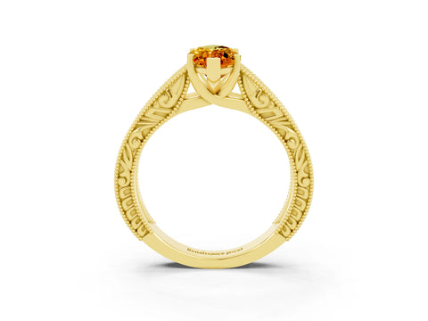 Yellow gold Marquise Cut Citrine Solitaire Ring with Engraved Band and Four-Prong Setting_3