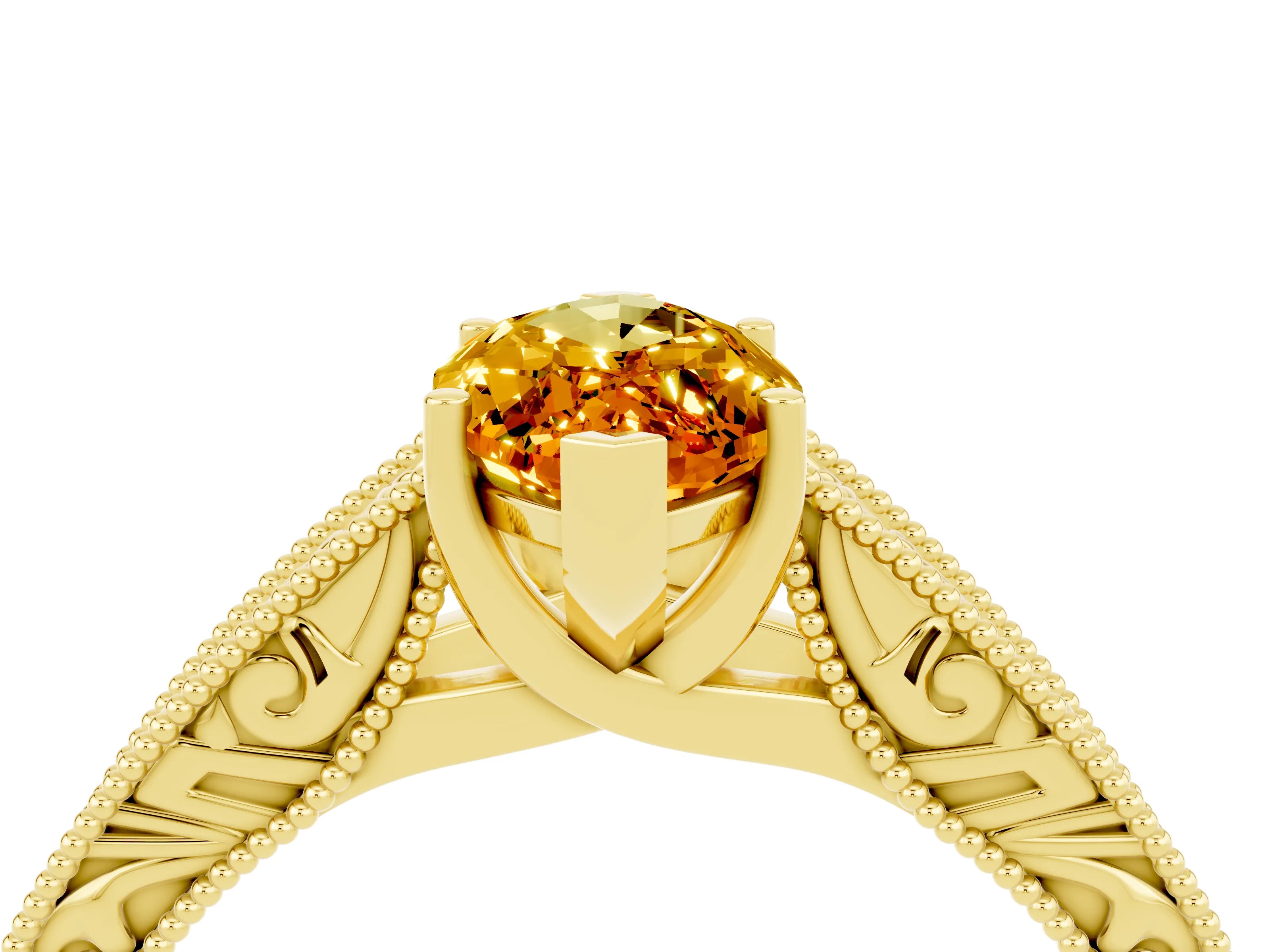 Yellow gold Marquise Cut Citrine Solitaire Ring with Engraved Band and Four-Prong Setting_4