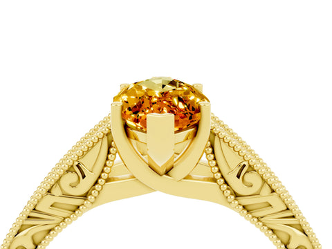 Yellow gold Marquise Cut Citrine Solitaire Ring with Engraved Band and Four-Prong Setting_4