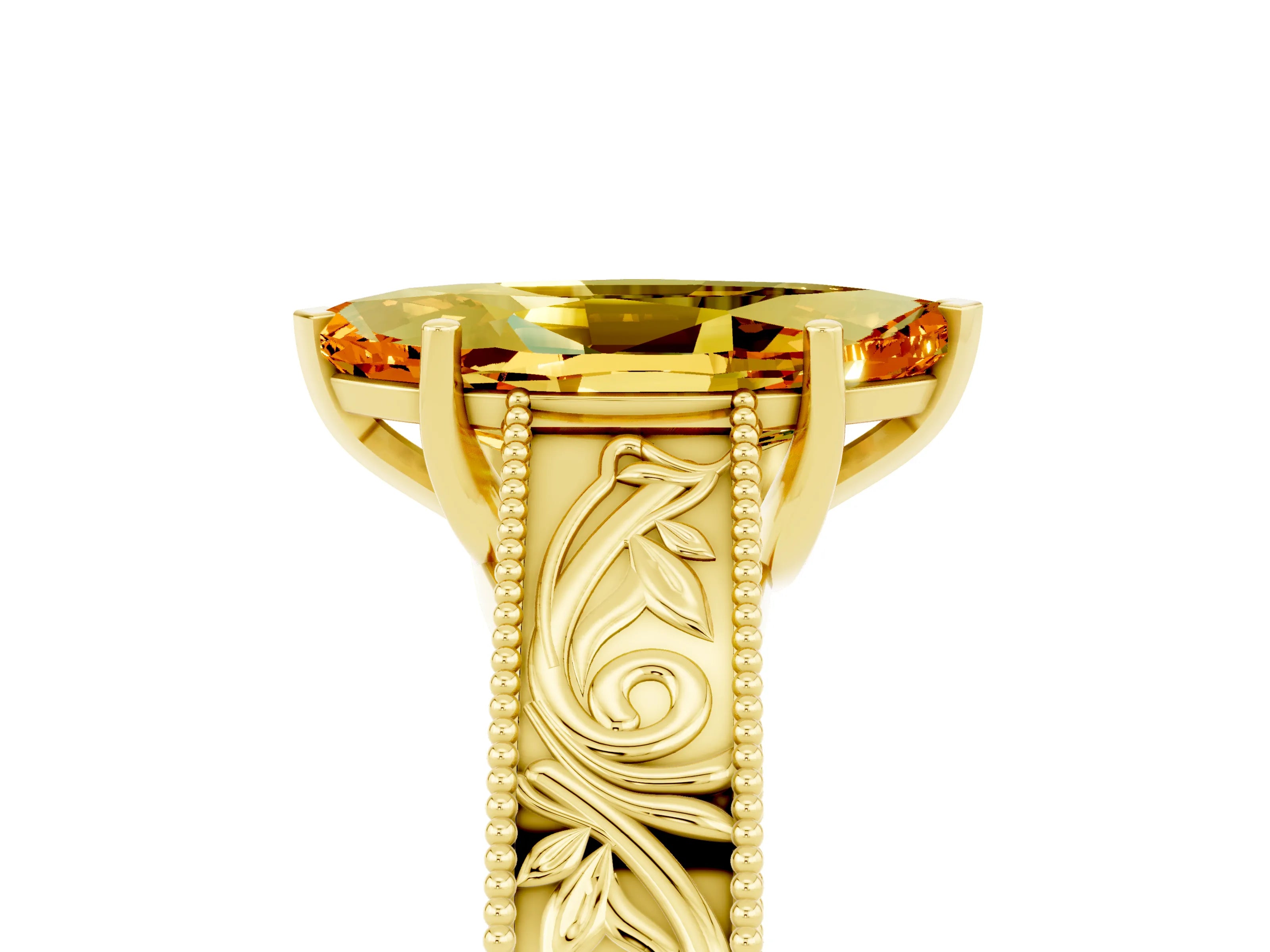 Yellow gold Marquise Cut Citrine Solitaire Ring with Engraved Band and Four-Prong Setting_5