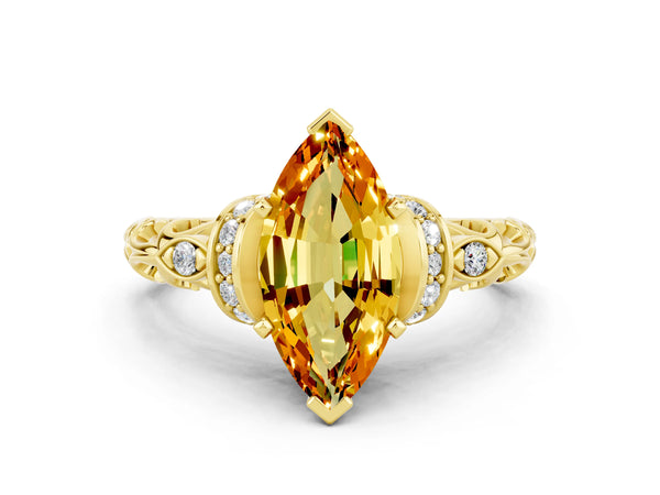 Yellow gold Marquise Cut Citrine Solitaire Ring with Filigree Band and Four-Prong Setting