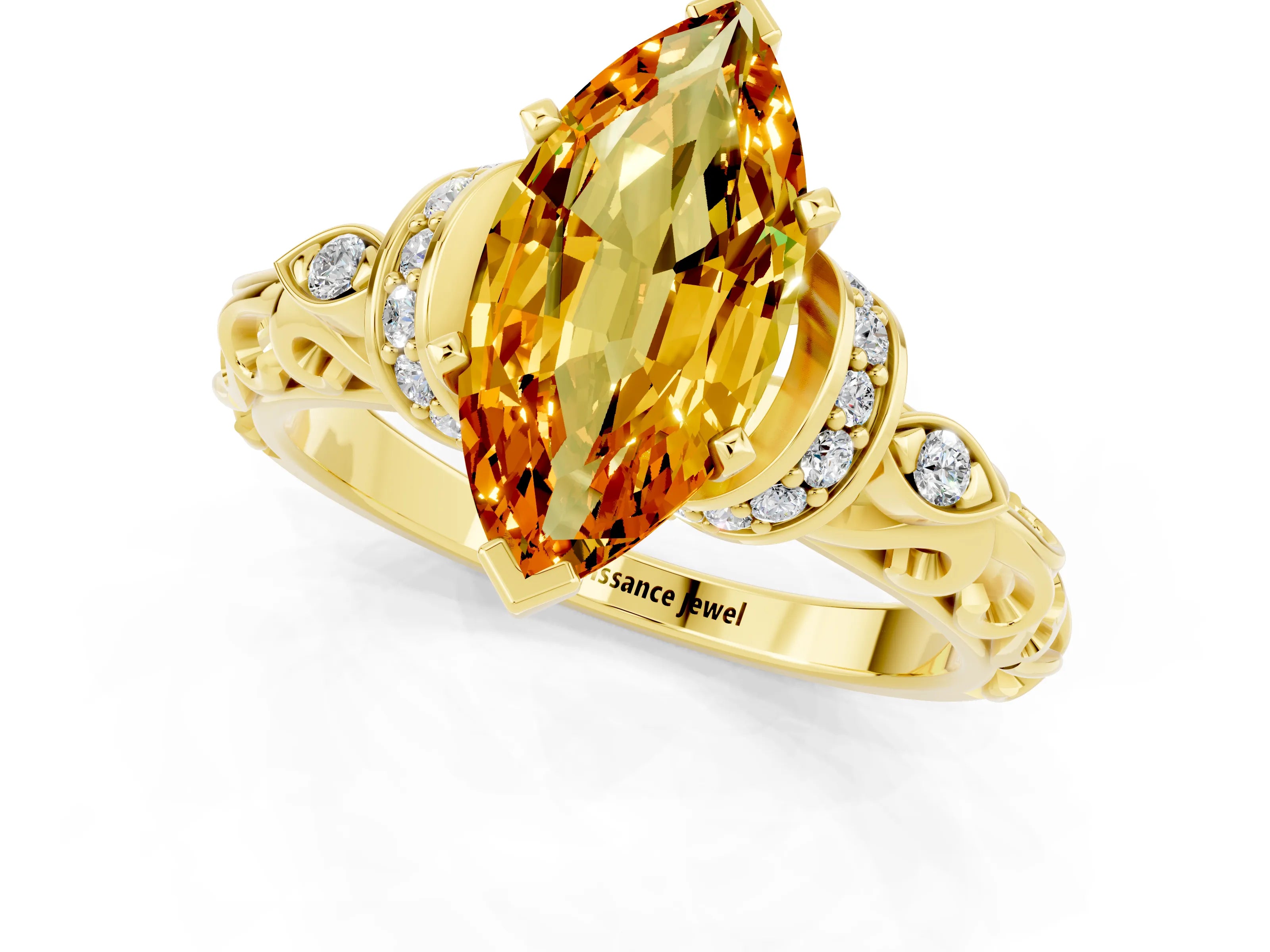 Yellow gold Marquise Cut Citrine Solitaire Ring with Filigree Band and Four-Prong Setting_25
