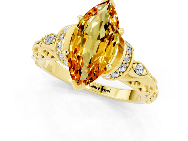 Yellow gold Marquise Cut Citrine Solitaire Ring with Filigree Band and Four-Prong Setting