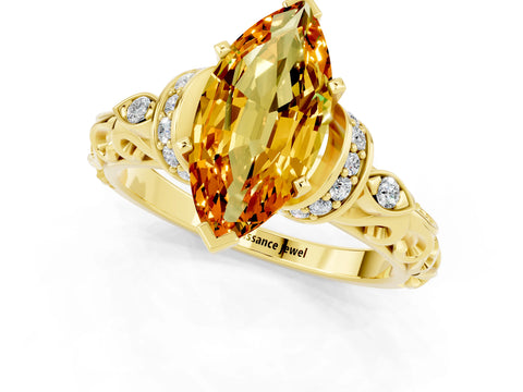 Yellow gold Marquise Cut Citrine Solitaire Ring with Filigree Band and Four-Prong Setting_25