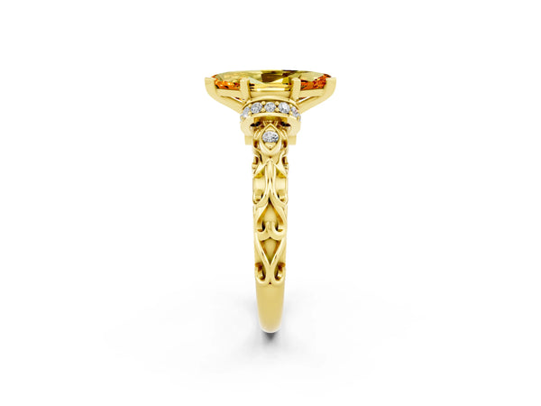 Yellow gold Marquise Cut Citrine Solitaire Ring with Filigree Band and Four-Prong Setting