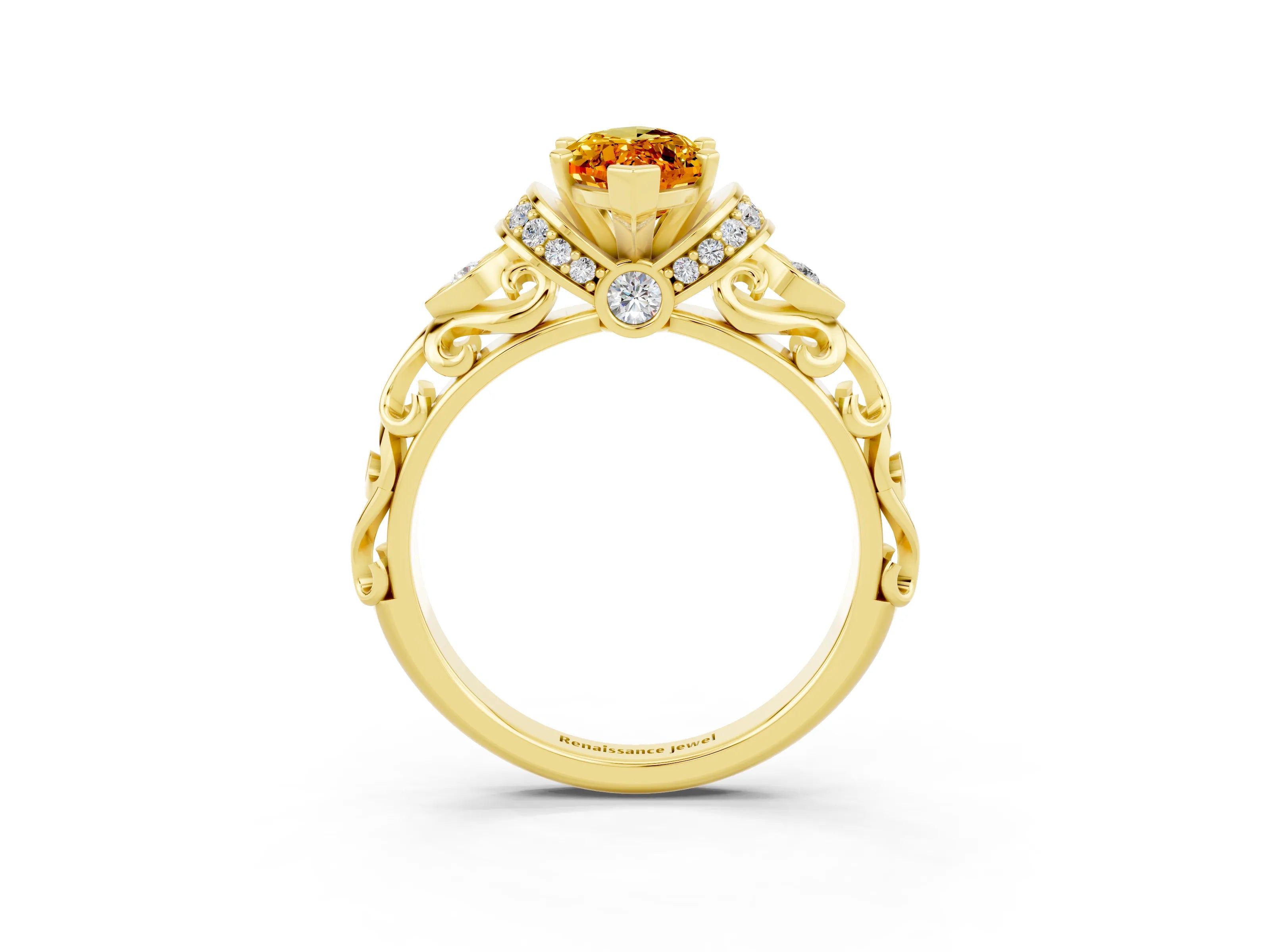 Yellow gold Marquise Cut Citrine Solitaire Ring with Filigree Band and Four-Prong Setting_27