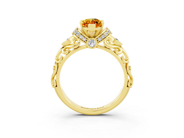 Yellow gold Marquise Cut Citrine Solitaire Ring with Filigree Band and Four-Prong Setting