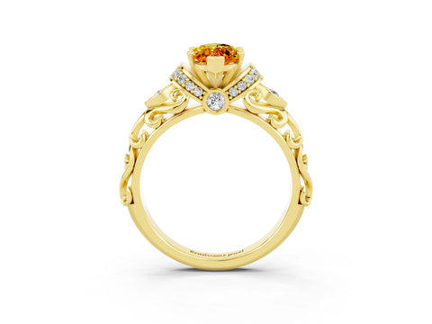 Yellow gold Marquise Cut Citrine Solitaire Ring with Filigree Band and Four-Prong Setting_27