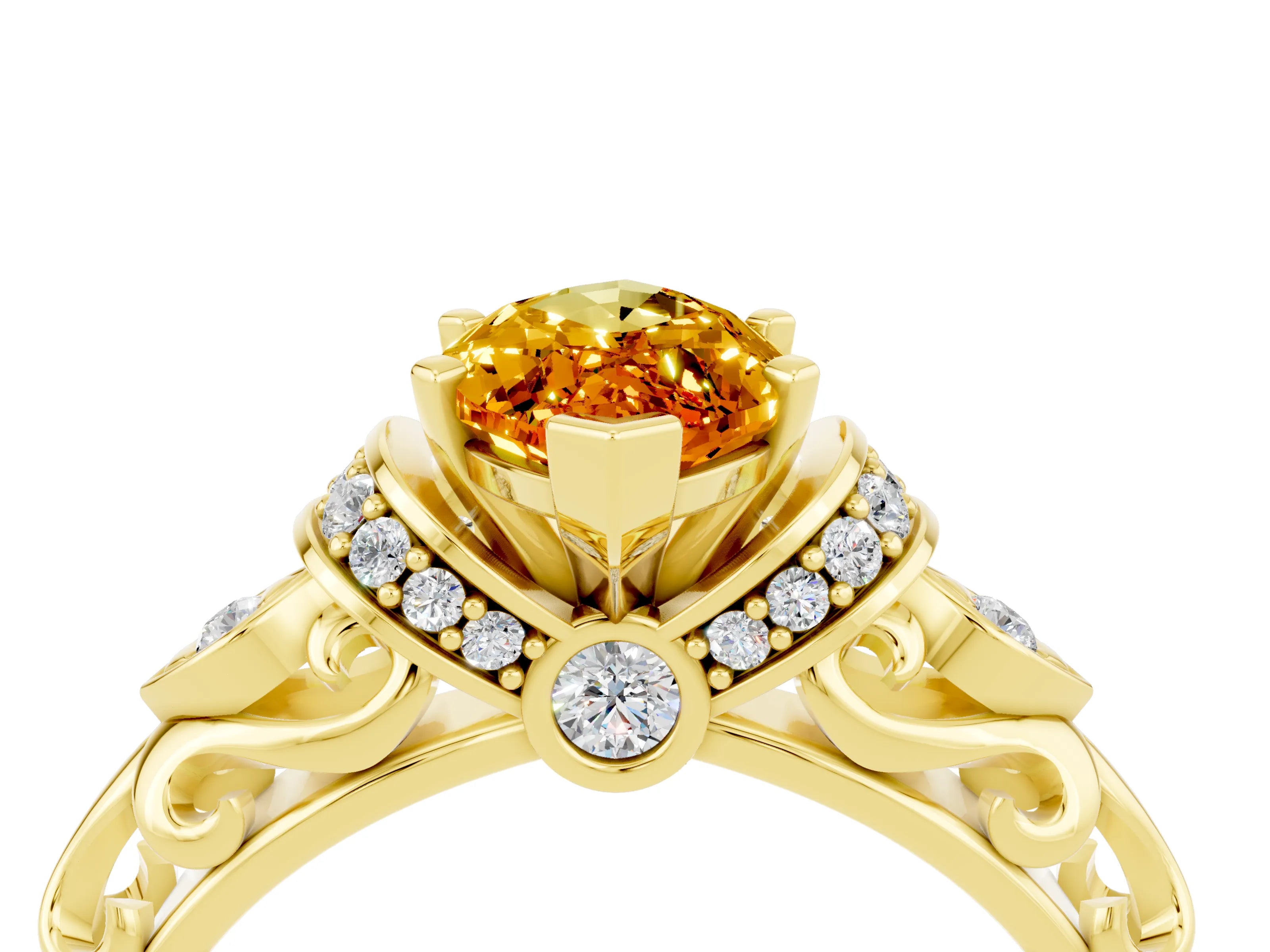 Yellow gold Marquise Cut Citrine Solitaire Ring with Filigree Band and Four-Prong Setting_28